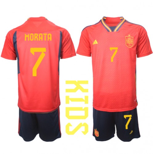 Otroški Nogometni dresi Španija Alvaro Morata #7 Domači SP 2022 Kratek Rokav (+ Kratke hlače)